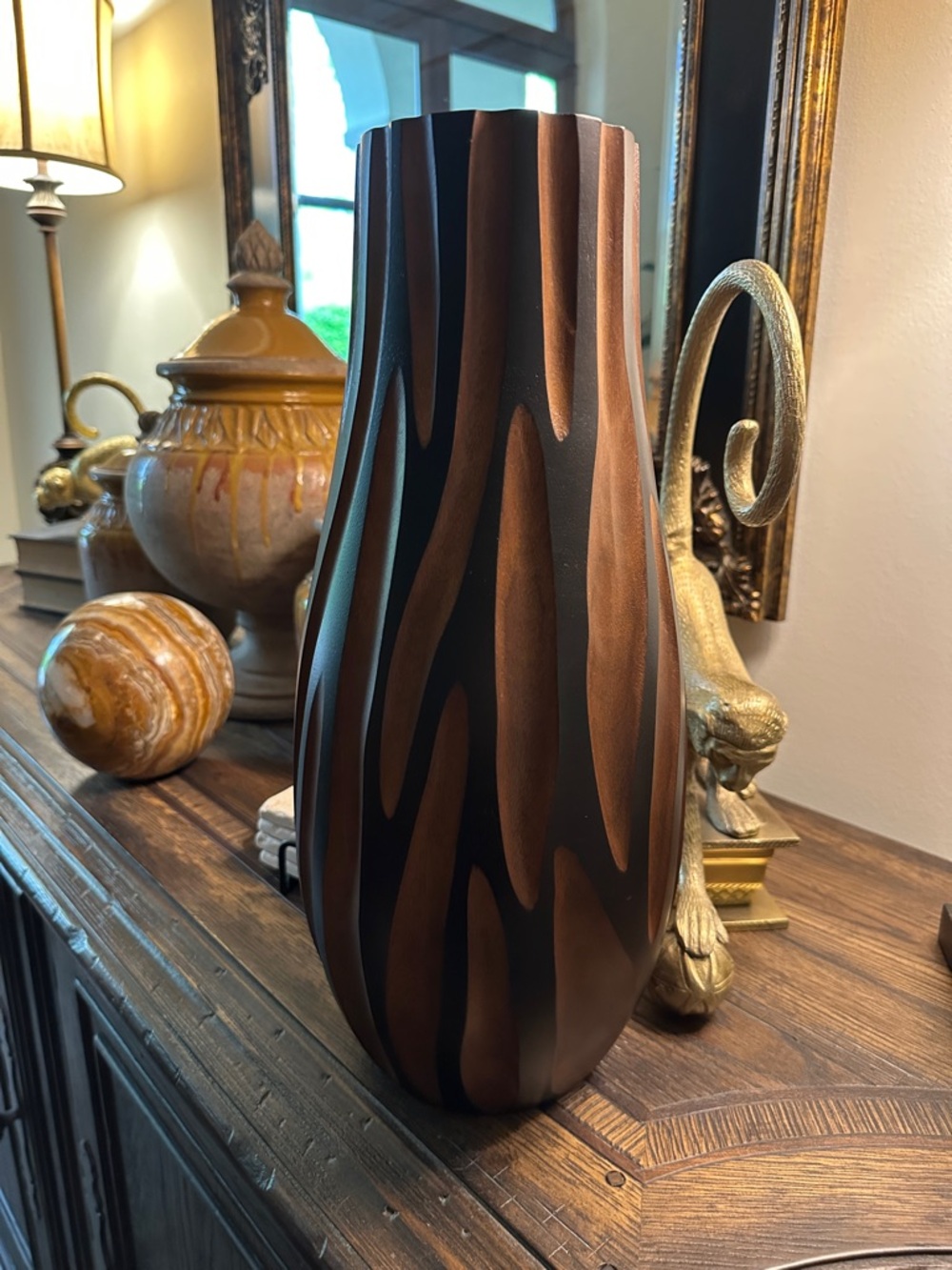 Wood Table Vase is from mango wood with a two-tone stain